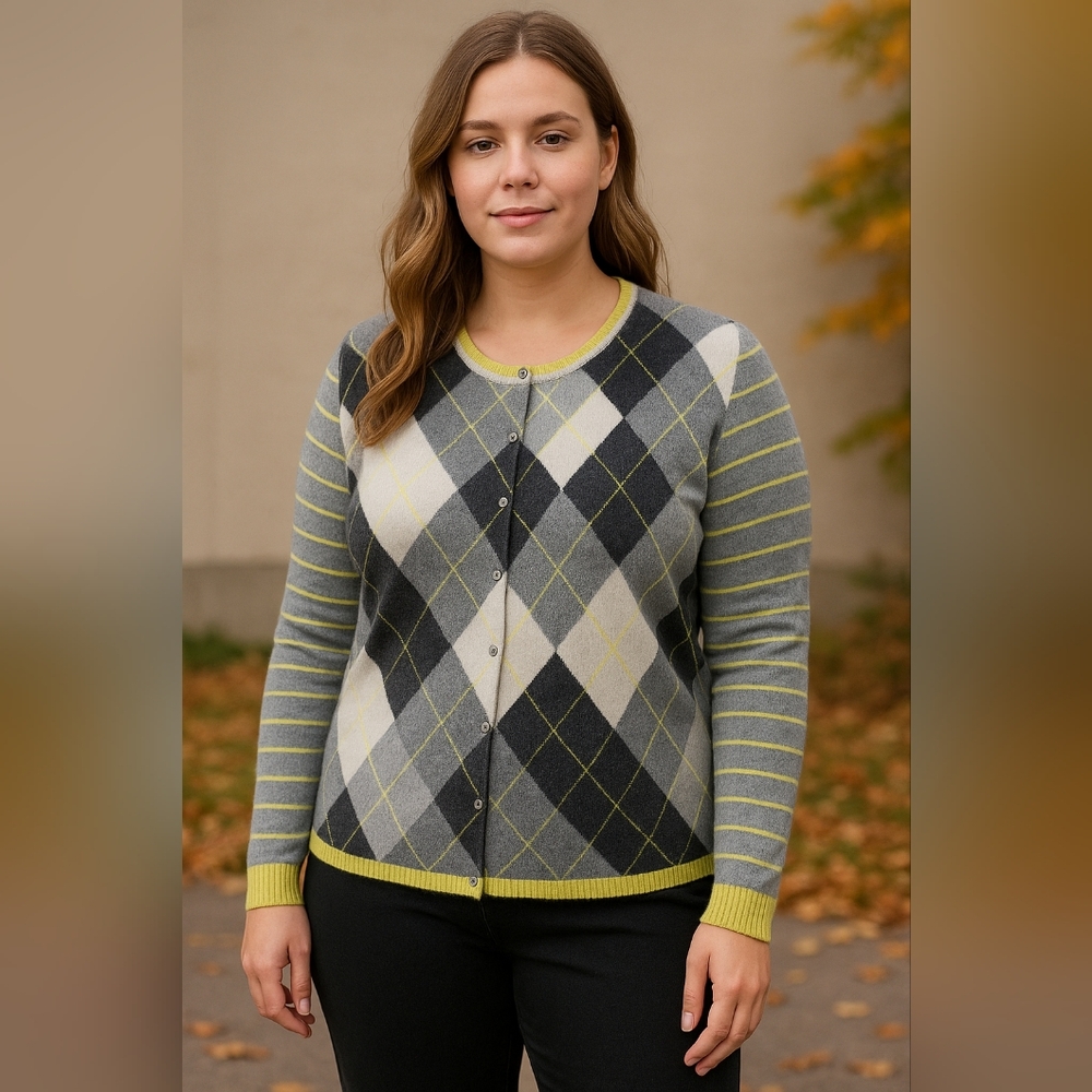 Lands' End Cashmete Argyle Stripe Cardigan Sweater  1X